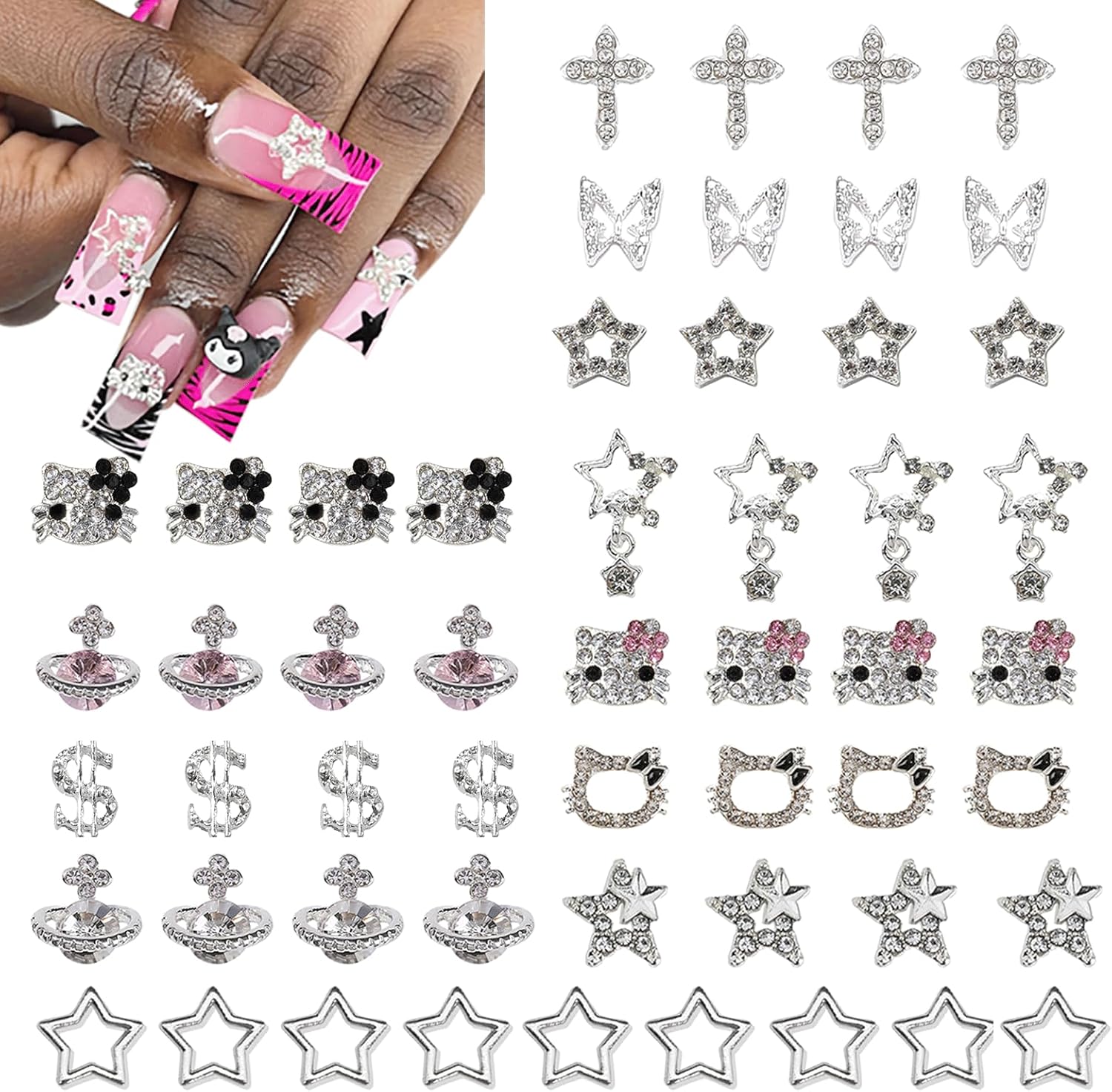56 pcs Bulk Set for Kitty Nails, Kawaii Bling & Cute Star Charms Nail Gems Y2K 3D Silver Star Nail Charms