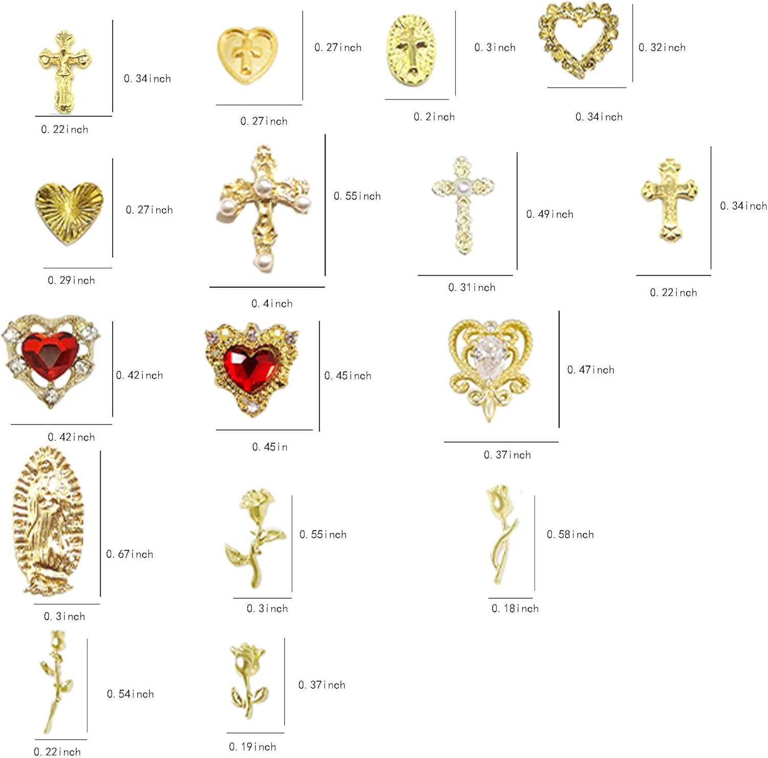64pcs Gold Nail Charms Set with Gold Cross, Hearts, Rose, and Virgin Mary – Y2K 3D Chrome Nail Decorations