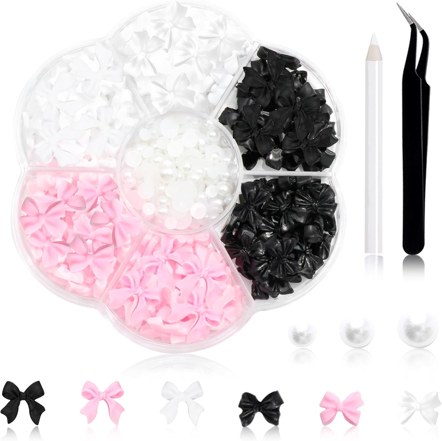 300Pcs Bow Nail Charms and Flatback Pearls,Black White Pink Bowknot 3D Cute Nail Charms for Acrylic Nail Supplies Design,White Half Pearls for Nail Jewelry DIY Crafts Nail Art Decoration Accessories